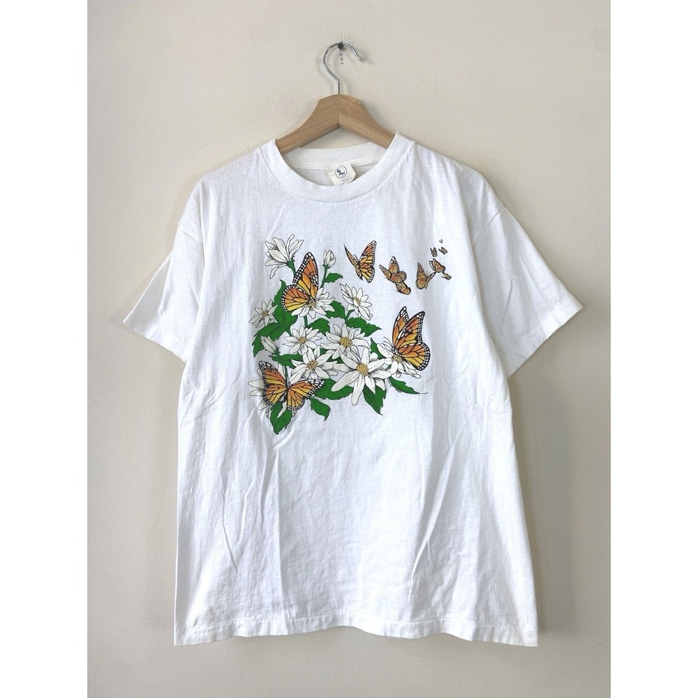 Vintage 90's Daisy Flower Monarch Butterfly Nature Art White Tee Shirt‎ - Large